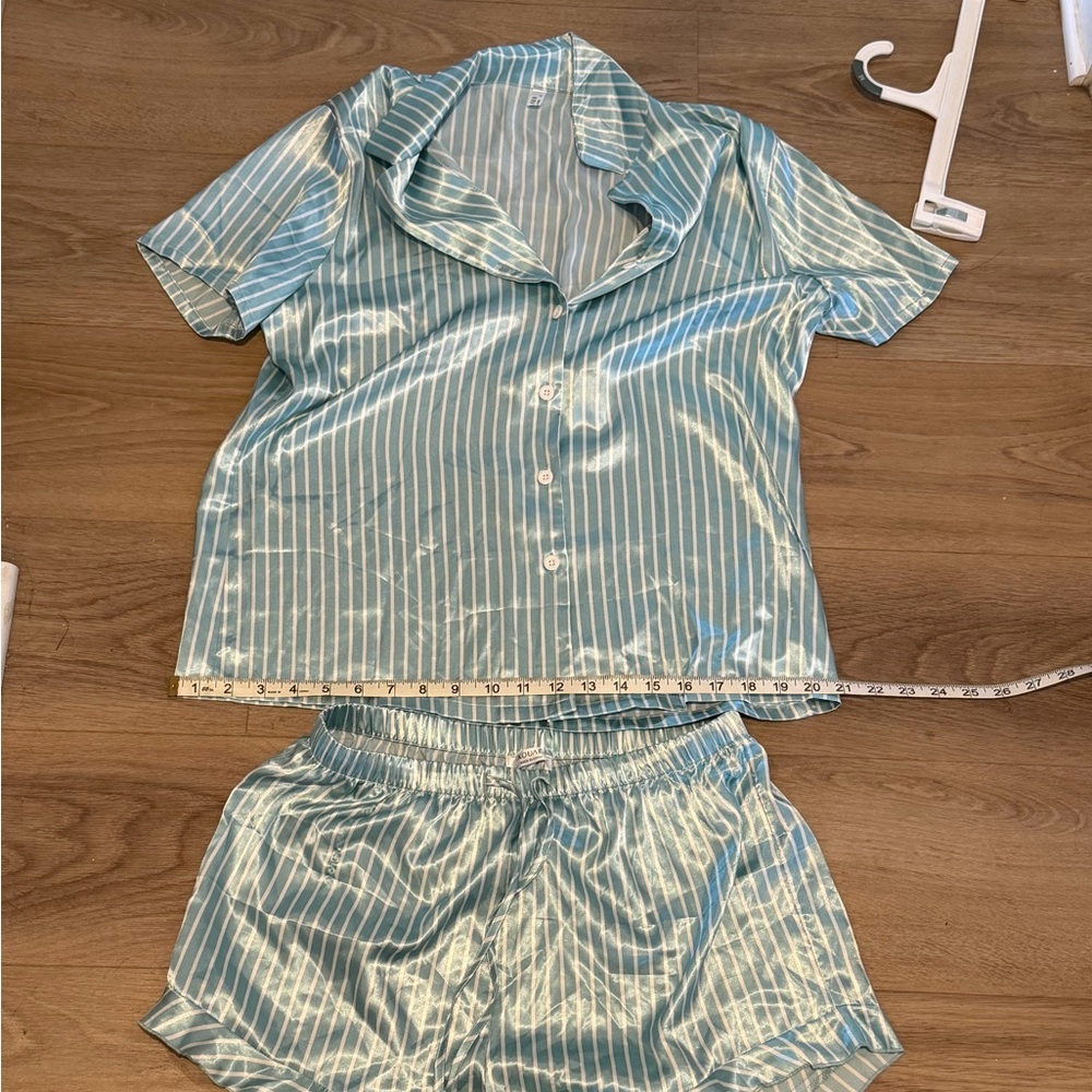 Striped Satin Pajama Set - Light Blue